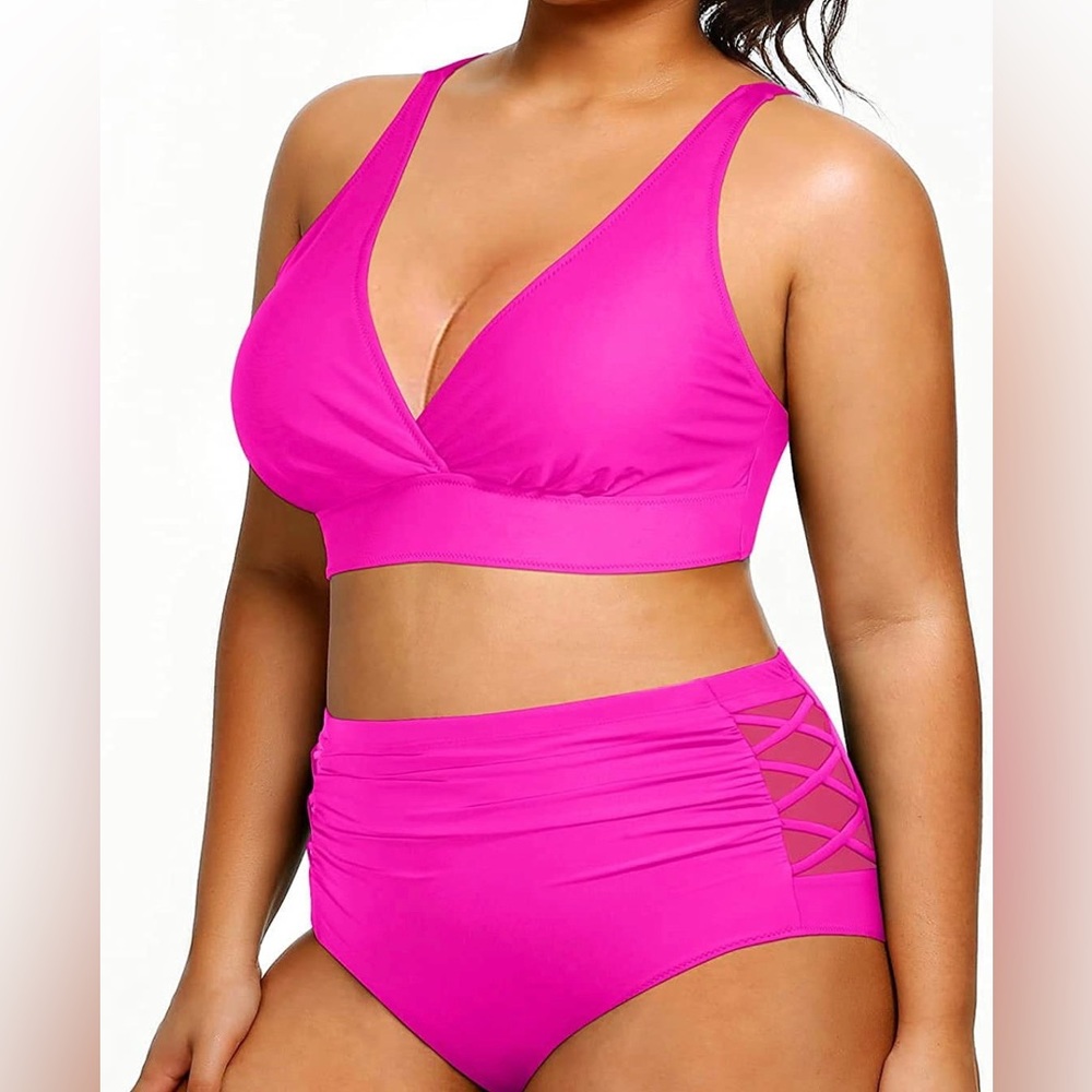 Yonique Bikini High Waisted Swimsuit - Hot Pink NWT